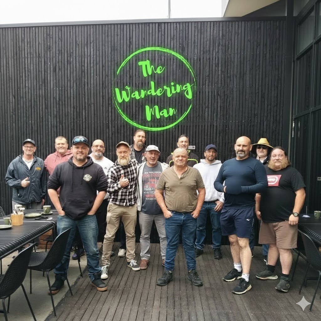 The crew outside Barwon Edge under The Wandering Man sign after the river walk